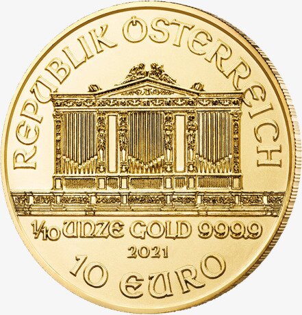 Золотая монета Венская Филармония 1/10 унции 2021 (Vienna Philharmonic)