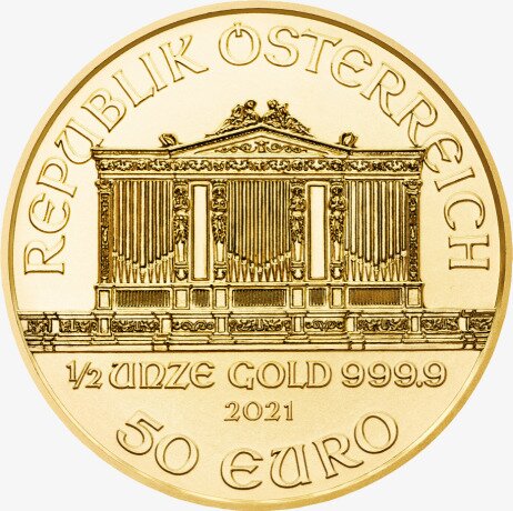 Золотая монета Венская Филармония 1/2 унции 2021 (Vienna Philharmonic)