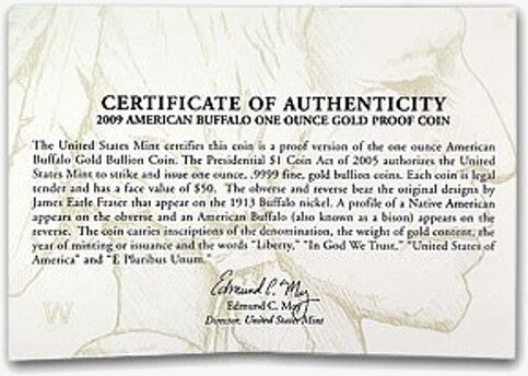 1 oz Bufalo Americano | oro fondo a specchio proof | 2009 | Cofanetto in legno