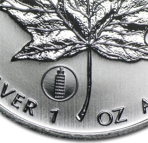 Серебряная монета Кленовый Лист 1 унция 2012 Скрытый знак «Пизанская башня» (Maple Leaf)