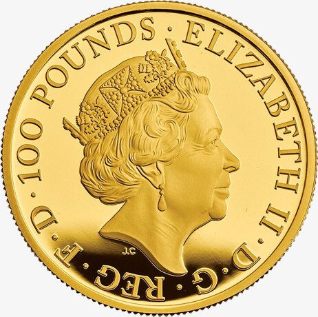 1 oz Queen's Beasts Leone fondo a specchio d'oro (2017)