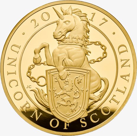 1 oz Queen's Beasts Unicorno fondo a specchio d'oro (2018)