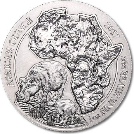Серебряная монета Африканский Гиппопотам Руанда 1 унция 2017