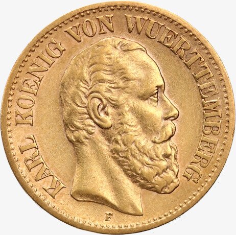 Золотая монета 10 Марок Короля Карла Вюртемберг 1864-1891