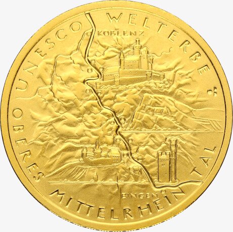 Золотая монета 100 Евро 2015 ЮНЕСКО Долина Верхнего-Среднего Рейна F (Штутгарт)