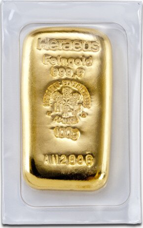 Золотой слиток Heraeus 100 г литой