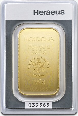 Золотой слиток Heraeus штампованный 100 г