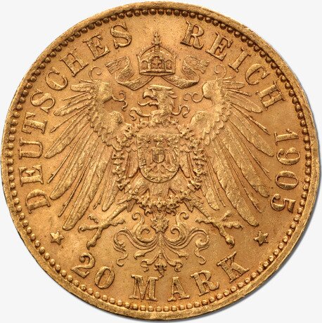 20 Mark | Roi Friedrich August III. Saxe | Or | 1904-1918