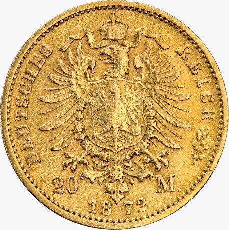 Золотая монета 20 Марок Иоганна 1872-1873 Саксония (King Johann)