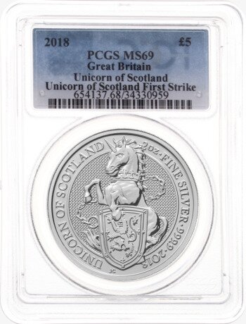 2018 Серебряная монета Звери Королевы Единорог 2 унции (Unicorn) MS-69 PCGS