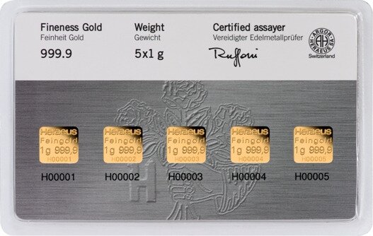 5 x 1g Gold Bar | Multicard | Heraeus