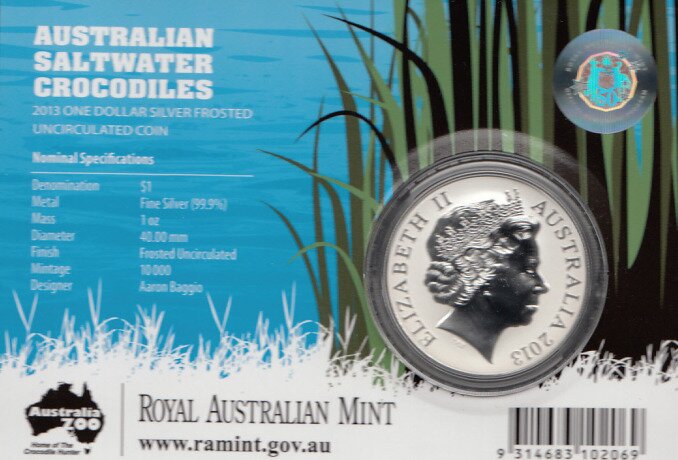 1 Uncja Australijski Krokodyl Morski Bindi Srebrna Moneta | 2013 | Matowy