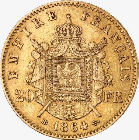 Золотая монета 20 Франков (Franc) Наполеона III Бонапарта (Napoléon III w. coronary) 1861-1870
